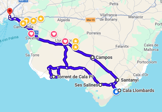 Mallorca Mietwagen Tour Südküste – Route Palma, Cala Pi, Ses Salines, Santanyí, Campos
